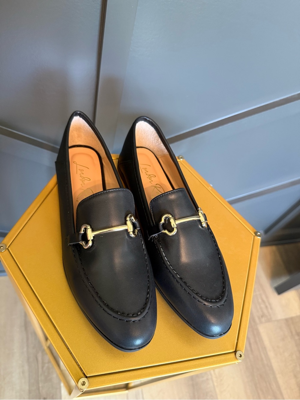 Black Leather Women's Loafers with Gold Accent